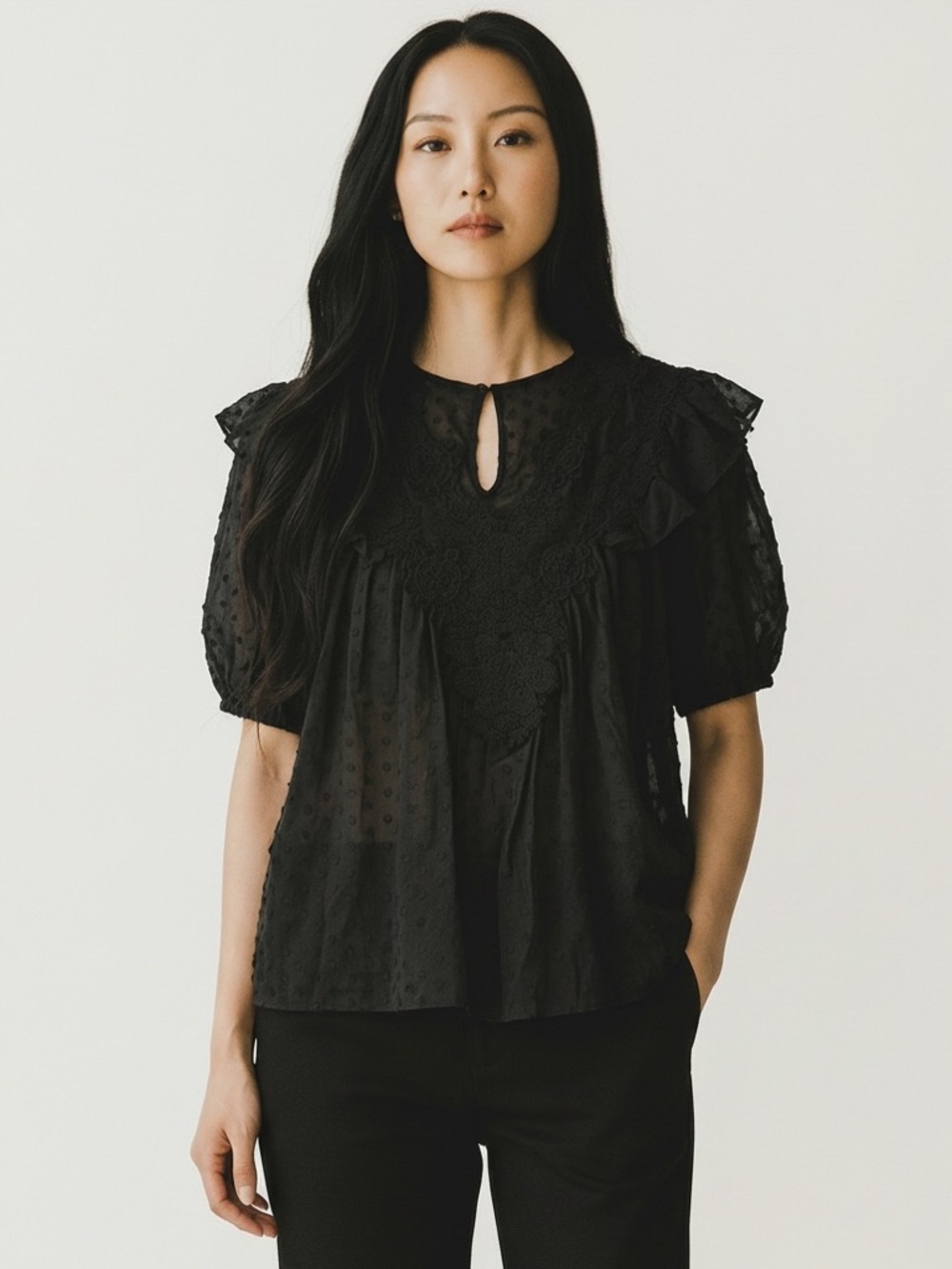 THE GREAT. Black Lace Yoke Swiss Dot Puff Sleeve Top